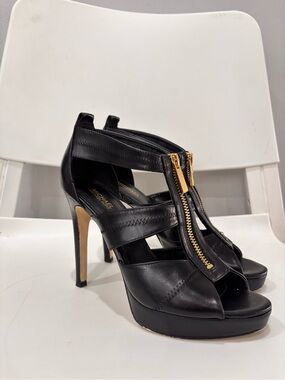 Michael Kors Black Leather Peep-Toe Platform Heels with Gold Zipper